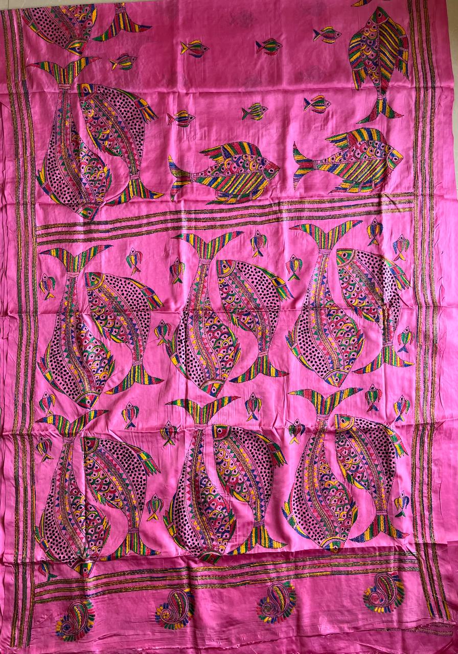 Pink Kantha Hand Embroidered Art Silk Saree With Blouse