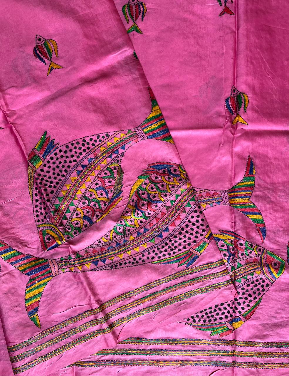 Pink Kantha Hand Embroidered Art Silk Saree With Blouse