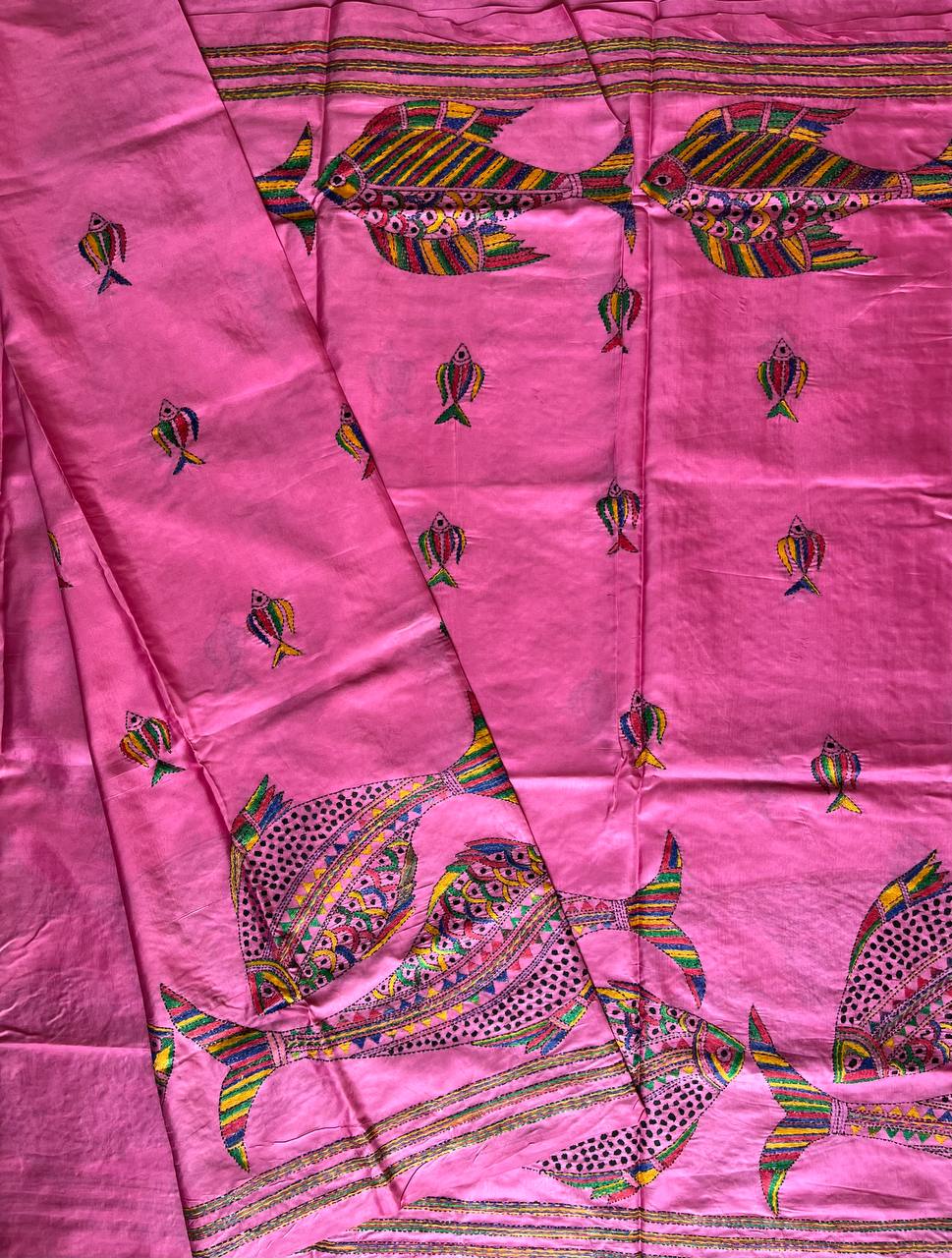 Pink Kantha Hand Embroidered Art Silk Saree With Blouse