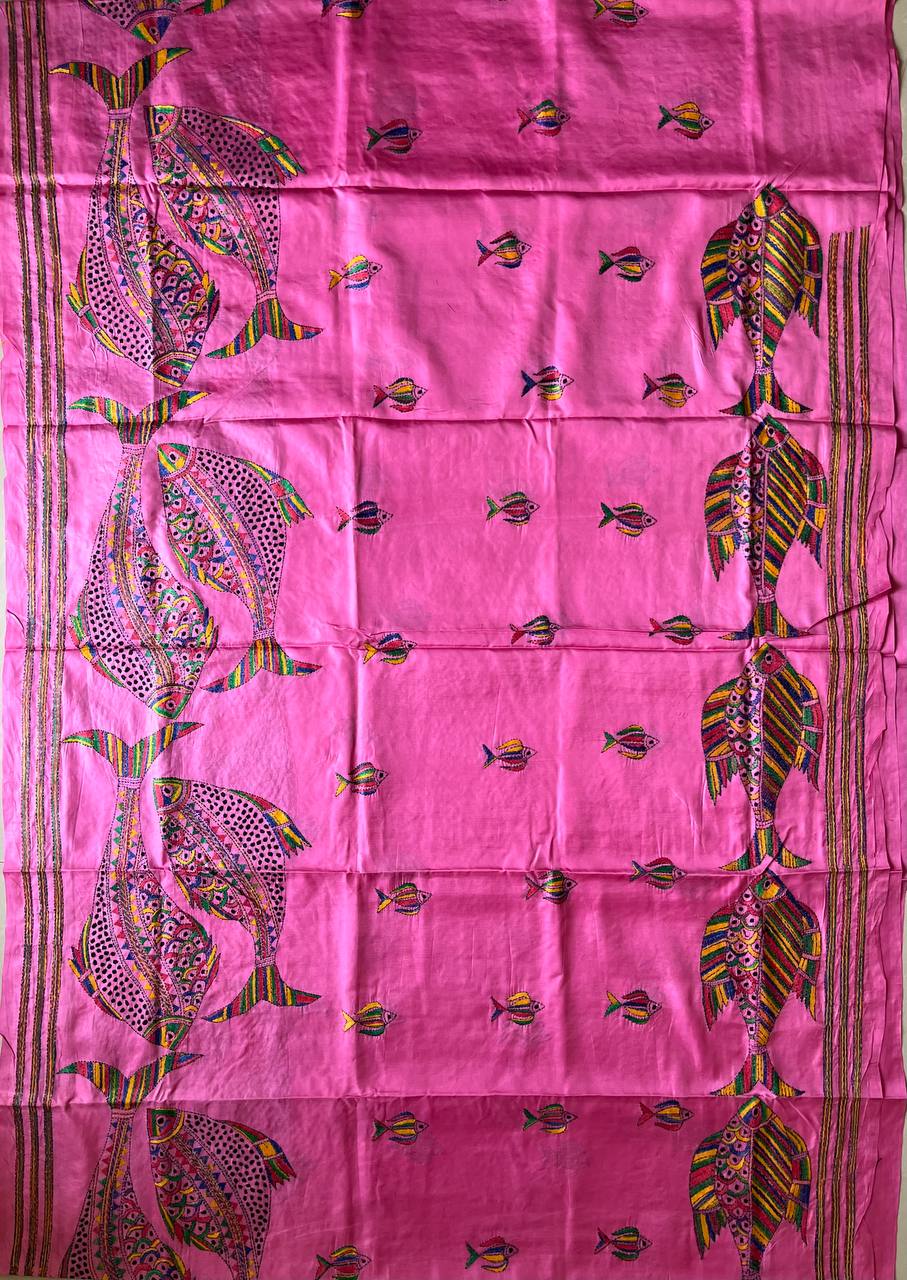 Pink Kantha Hand Embroidered Art Silk Saree With Blouse