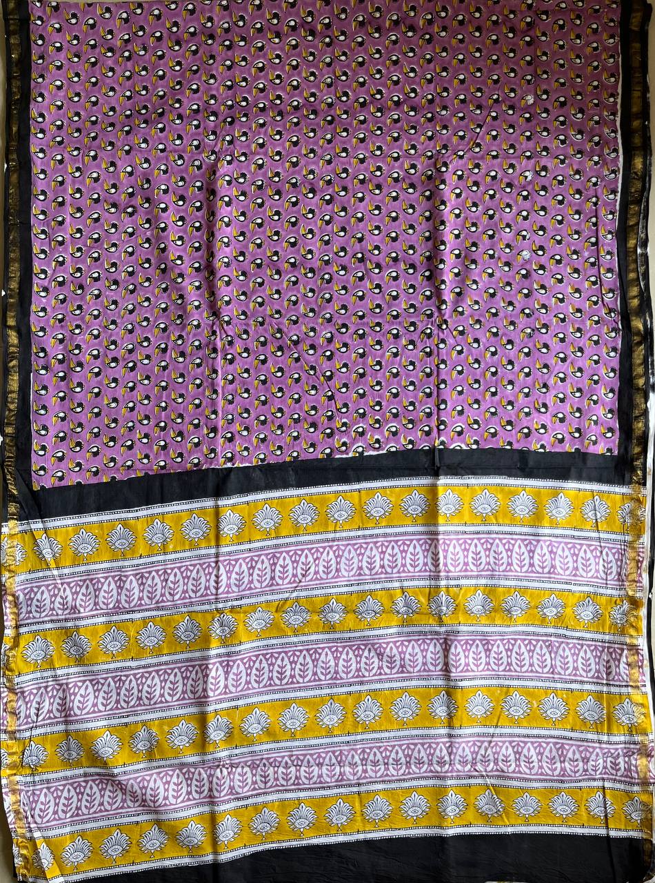 Handblock Printed Natural Dye Mulmul Cotton Saree