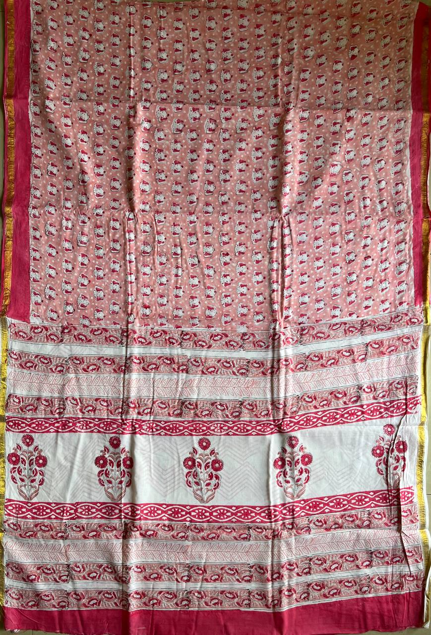 Handblock Printed Natural Dye Mulmul Cotton Saree