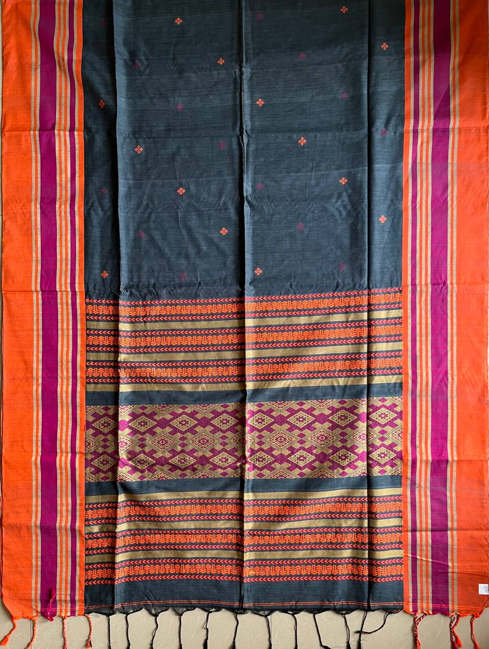 Handspun Mercerized Cotton Saree (Handloom Marked) - Black