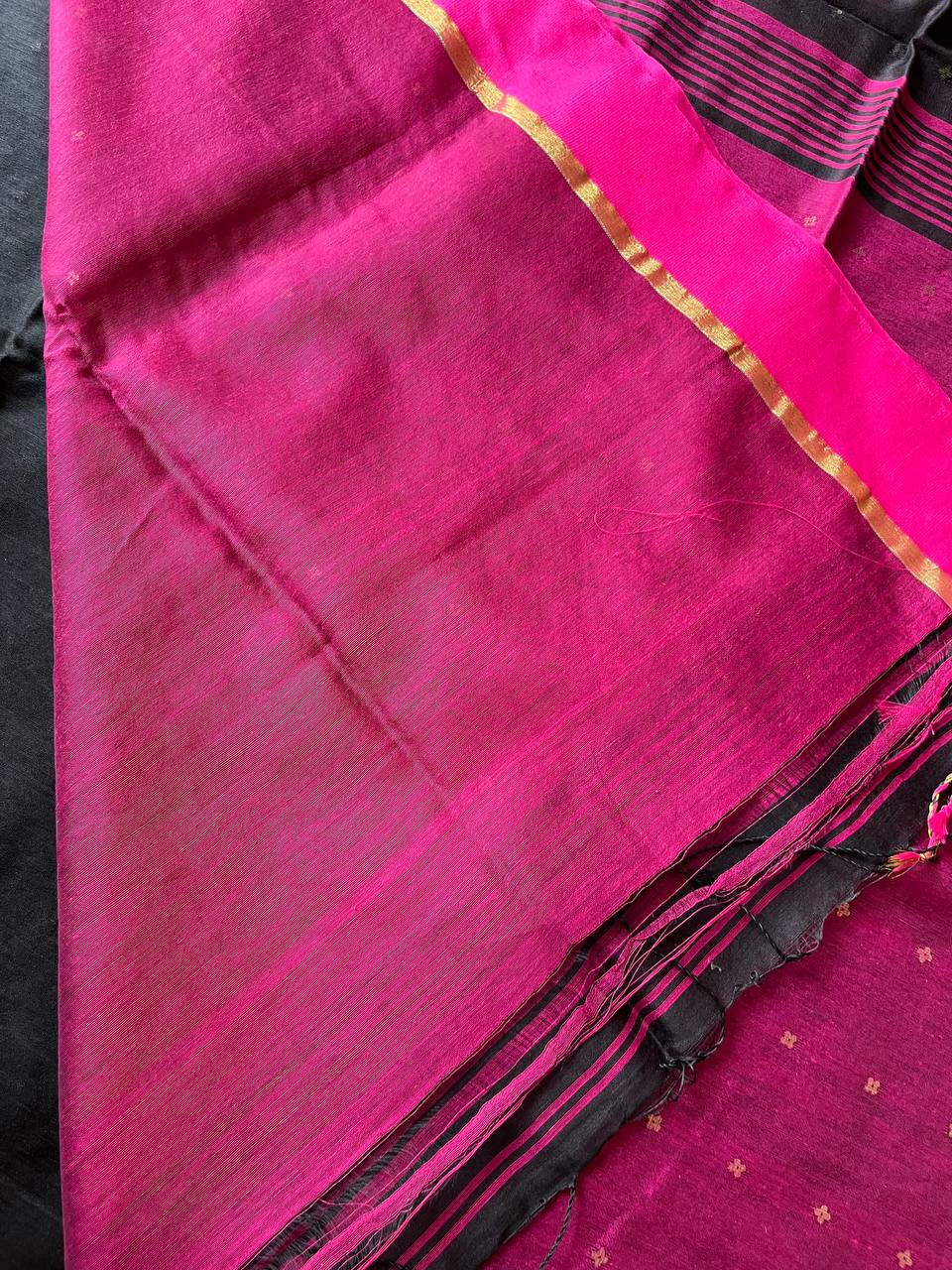 Cotton Silk Thik Border Handloom Saree With Blouse- Rani Pink & Black