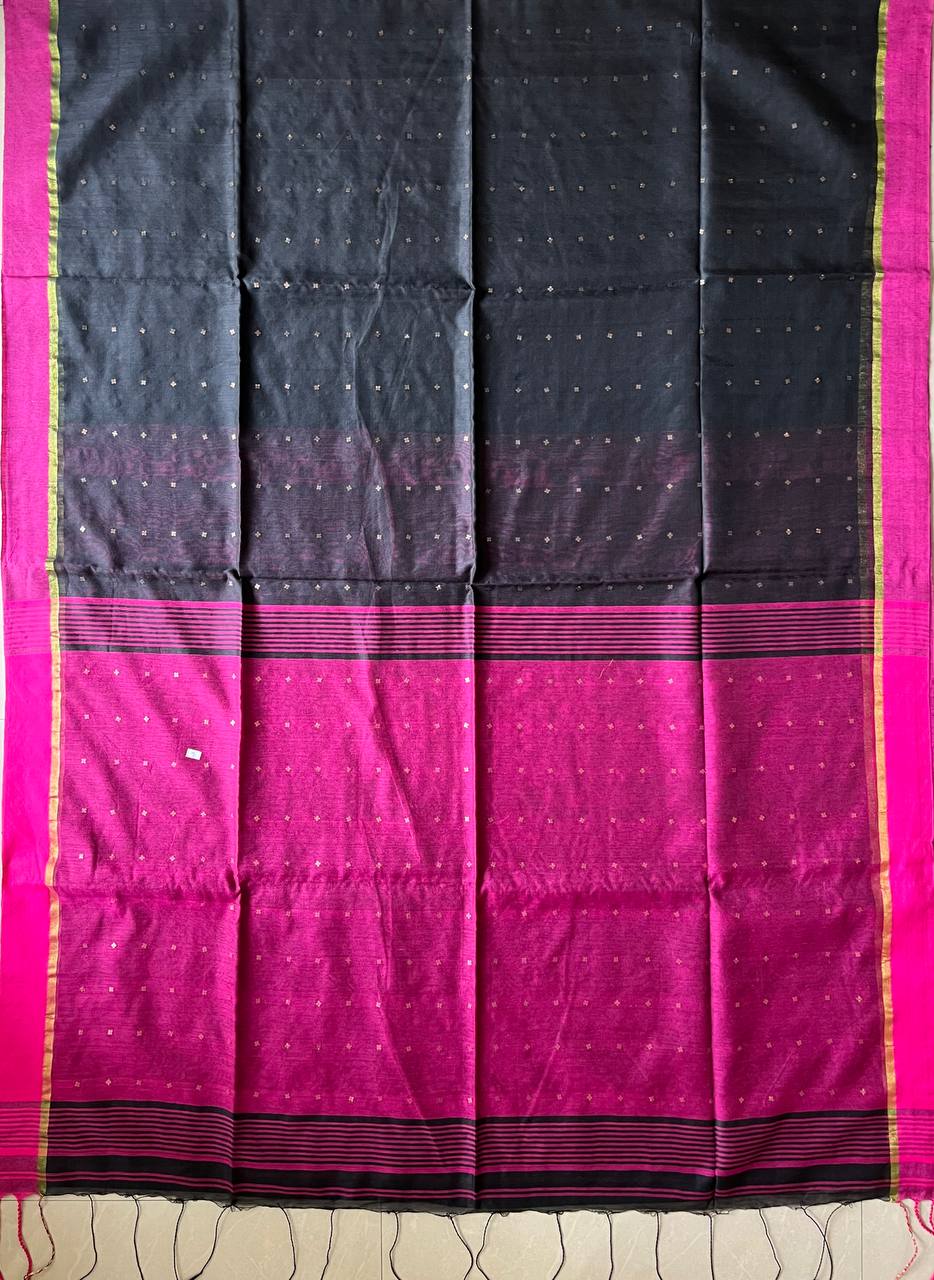 Cotton Silk Thik Border Handloom Saree With Blouse- Rani Pink & Black