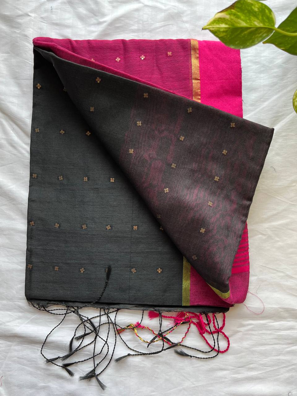 Cotton Silk Thik Border Handloom Saree With Blouse- Rani Pink & Black