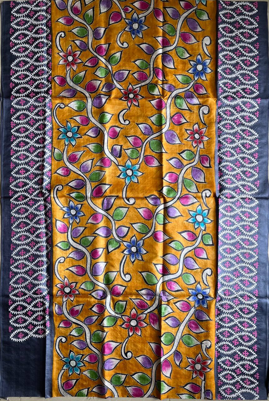 Kutch Hand Embroidered hand painted Pure Tusshar Silk Saree (Silk Marked)