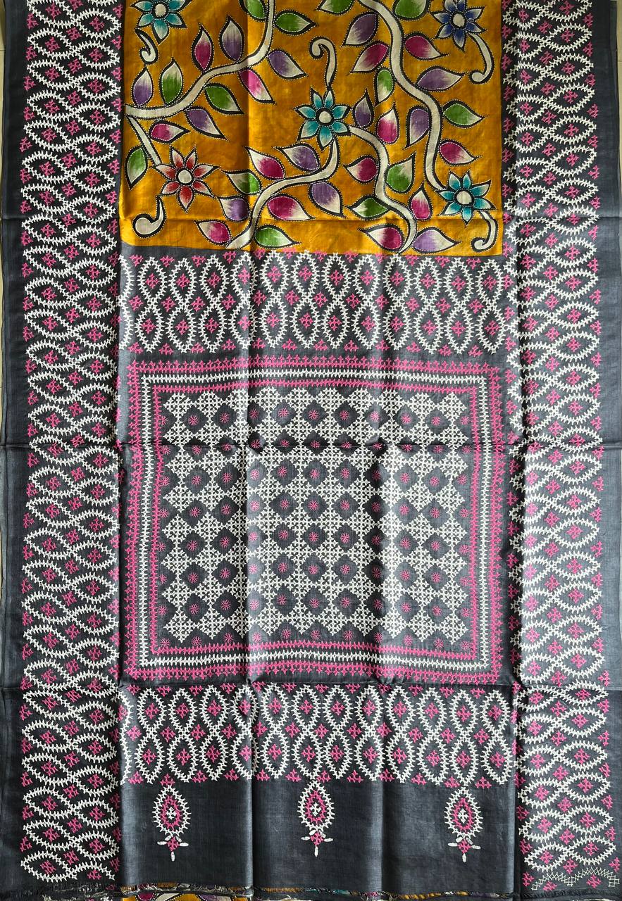 Kutch Hand Embroidered hand painted Pure Tusshar Silk Saree (Silk Marked)