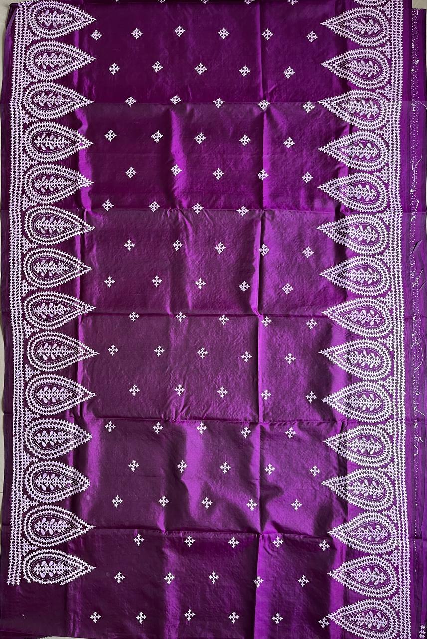 Purple Kutch Hand Embroidered Pure Banglore Silk Saree – (Silk Marked)