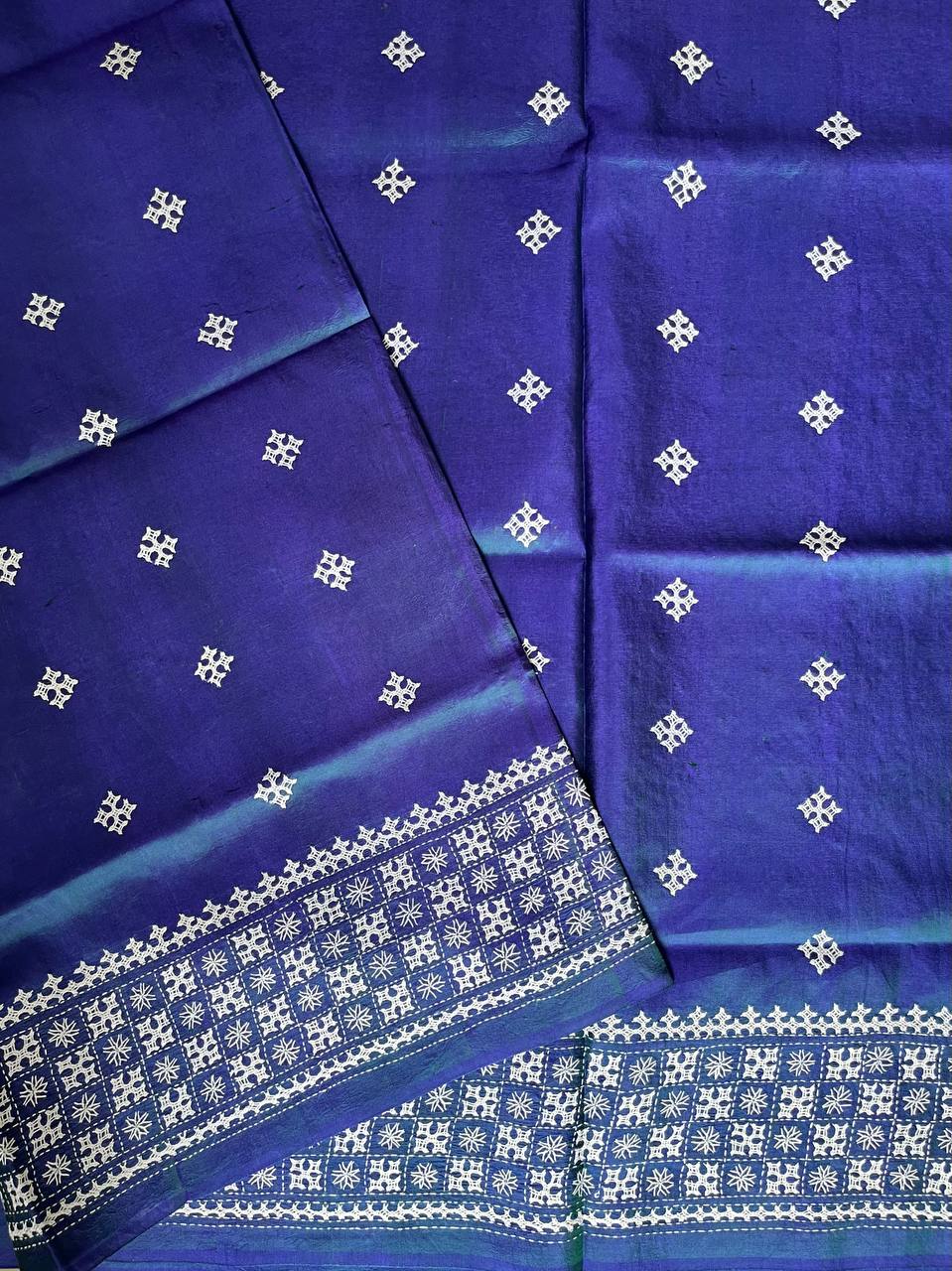 Royal Blue Kutch Hand Embroidered Pure Banglore Silk Saree – (Silk Marked)