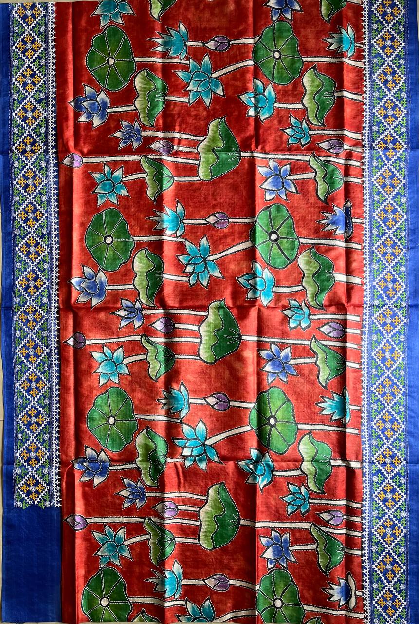 Kutch Hand Embroidered hand painted Pure Tusshar Silk Saree (Silk Marked)