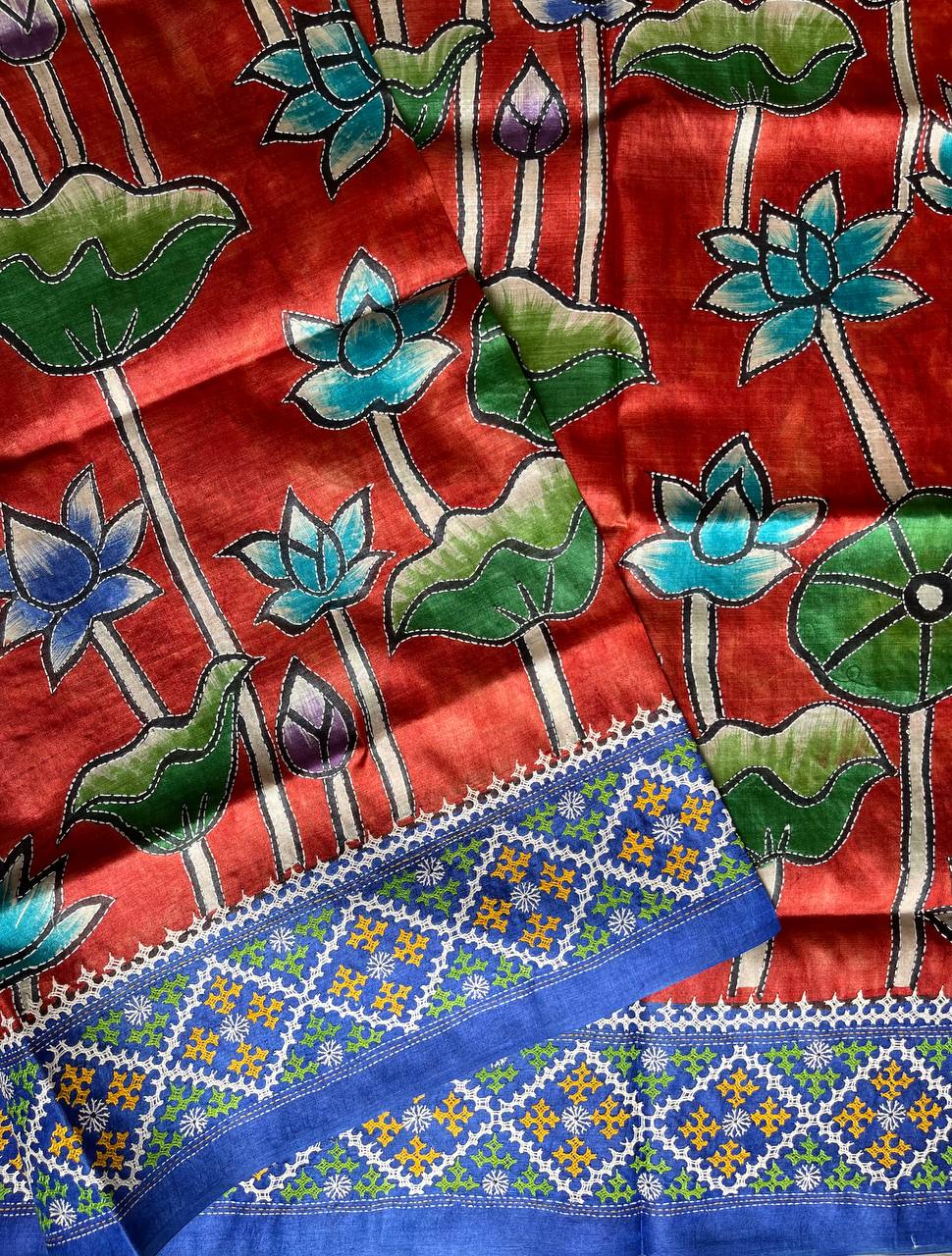 Kutch Hand Embroidered hand painted Pure Tusshar Silk Saree (Silk Marked)