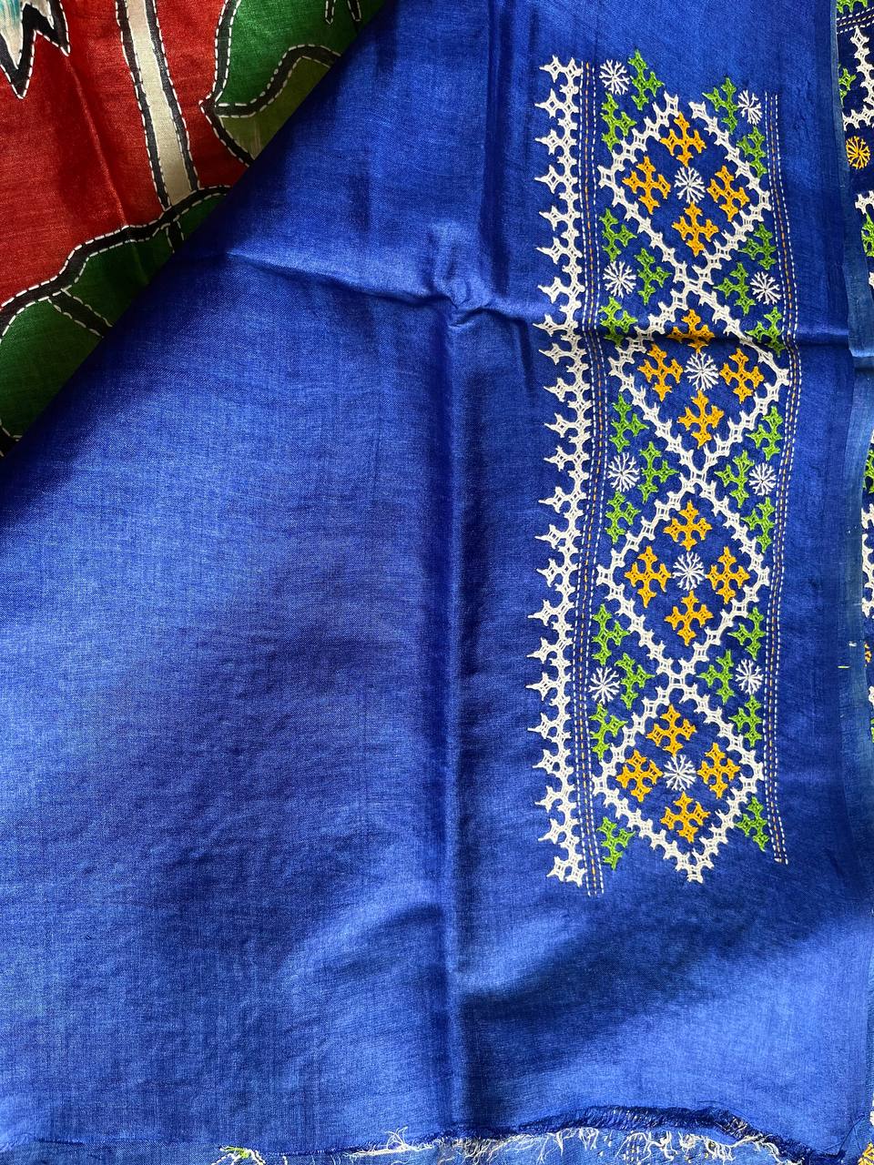 Kutch Hand Embroidered hand painted Pure Tusshar Silk Saree (Silk Marked)