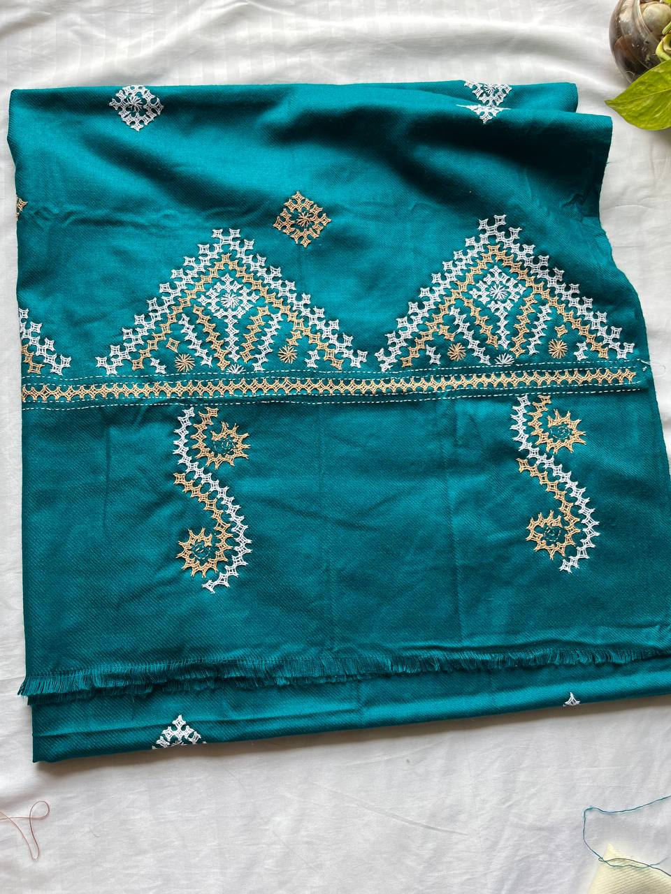 Gujrati Stitch Hand Embroidered Woollen Warm Shawl (Light Blue)