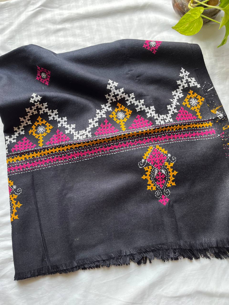 Gujrati Stitch Hand Embroidered Woollen Warm Shawl (Black)