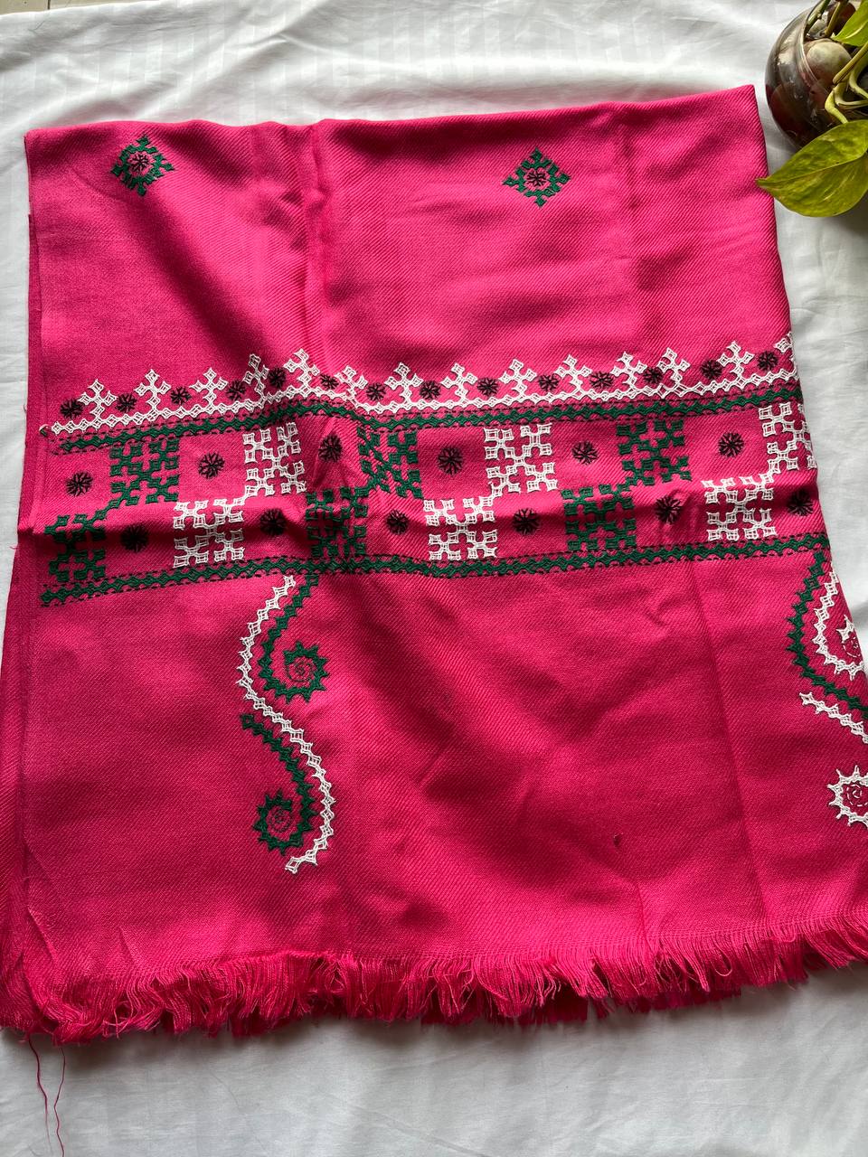 Gujrati Stitch Hand Embroidered Woollen Warm Shawl (Pink)