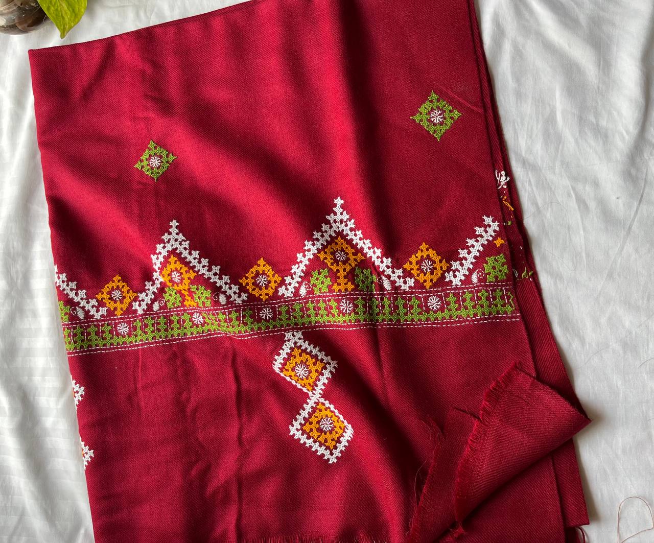 Gujrati Stitch Hand Embroidered Woollen Warm Shawl (Red)