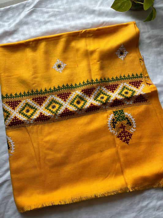 Gujrati Stitch Hand Embroidered Woollen Warm Shawl (Yellow)