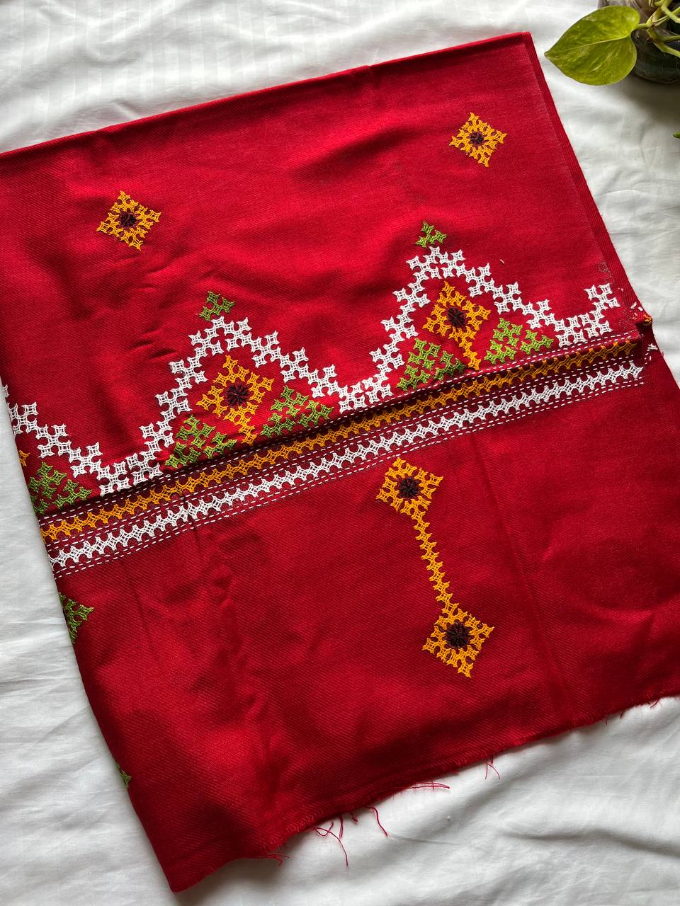 Gujrati Stitch Hand Embroidered Woollen Warm Shawl (Red))