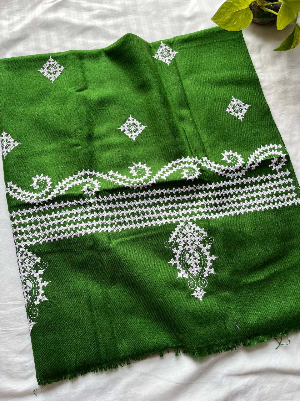 Gujrati Stitch Hand Embroidered Woollen Warm Shawl (Green)