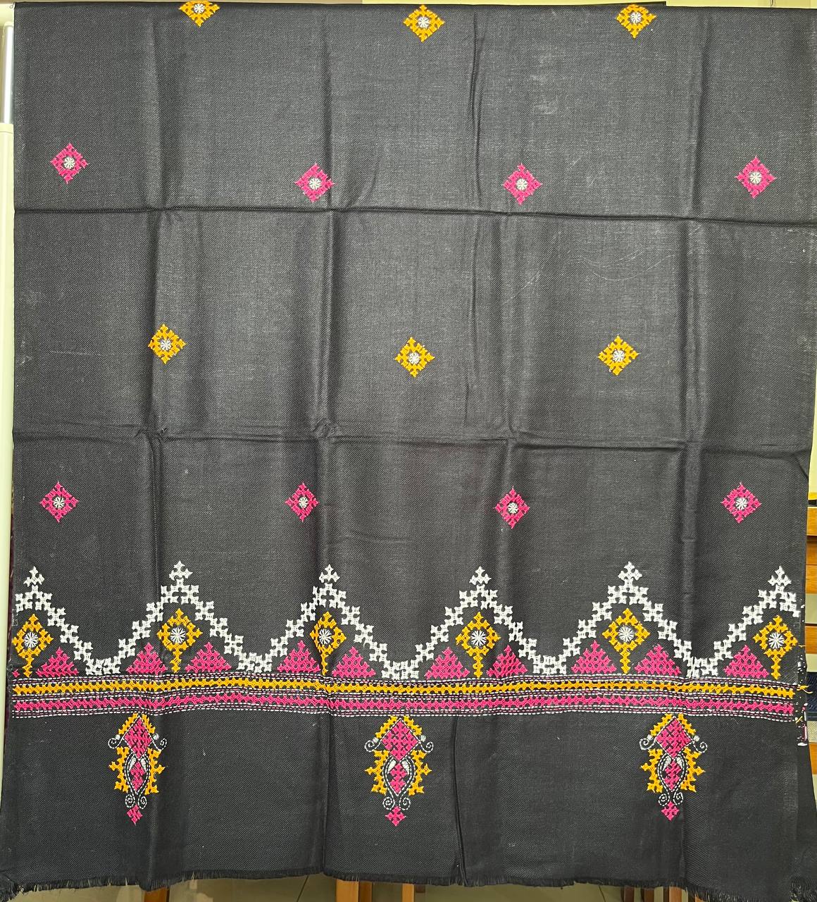 Gujrati Stitch Hand Embroidered Woollen Warm Shawl (Black)