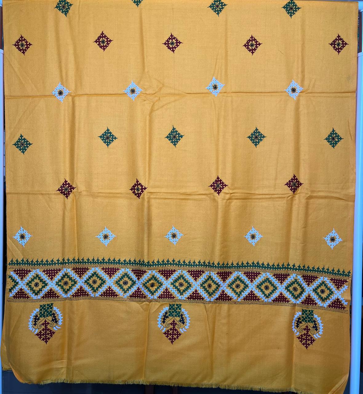 Gujrati Stitch Hand Embroidered Woollen Warm Shawl (Yellow)