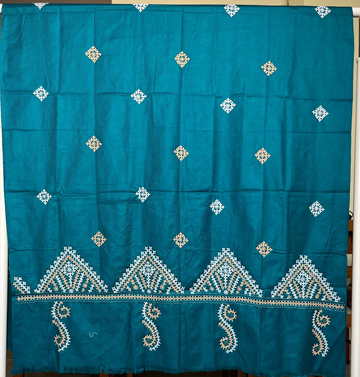 Gujrati Stitch Hand Embroidered Woollen Warm Shawl (Light Blue)