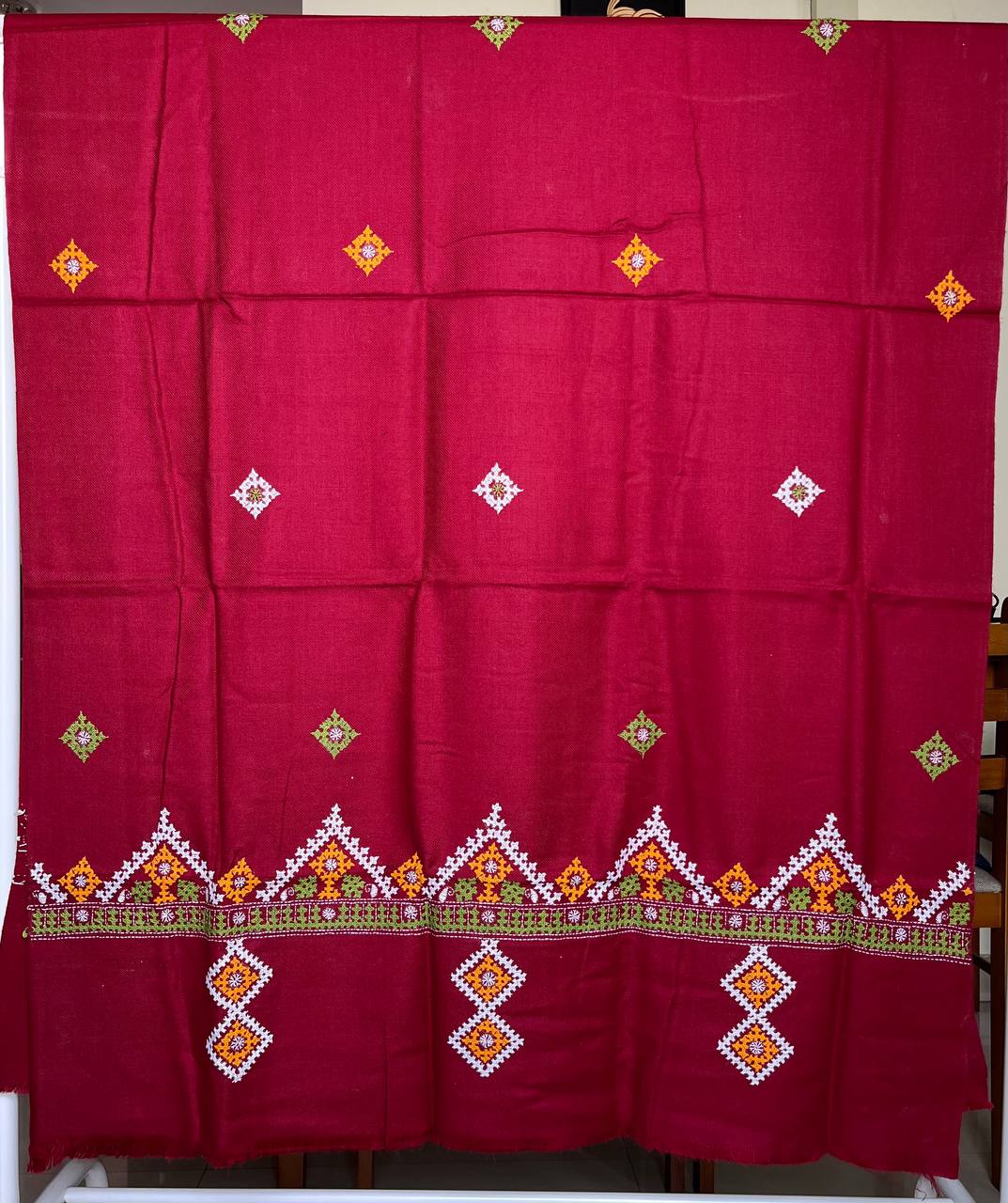 Gujrati Stitch Hand Embroidered Woollen Warm Shawl (Red)