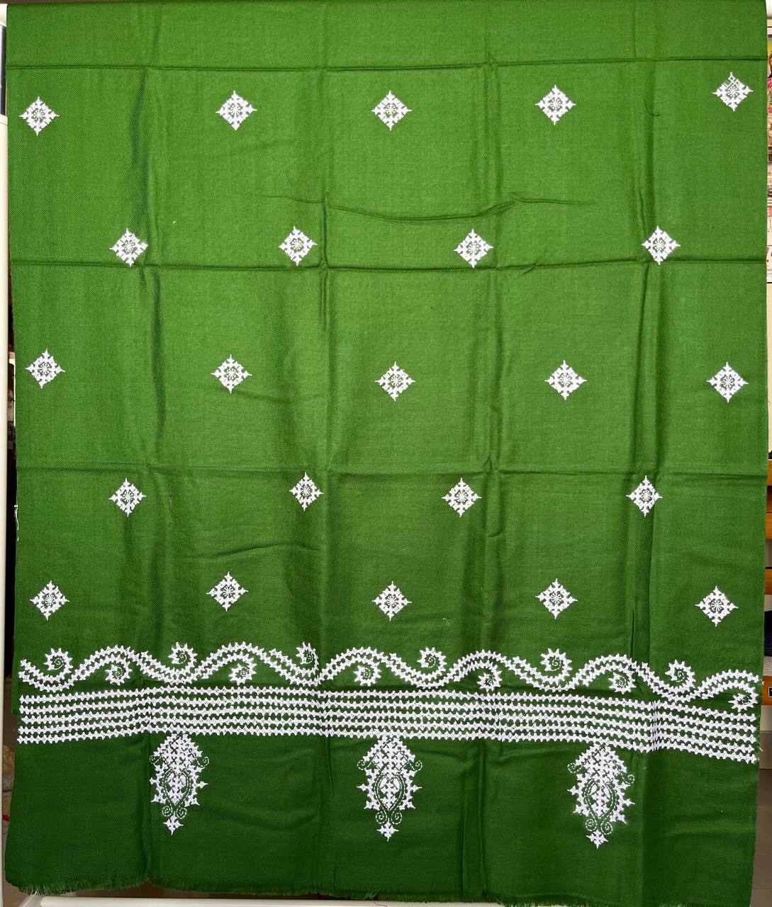 Gujrati Stitch Hand Embroidered Woollen Warm Shawl (Green)