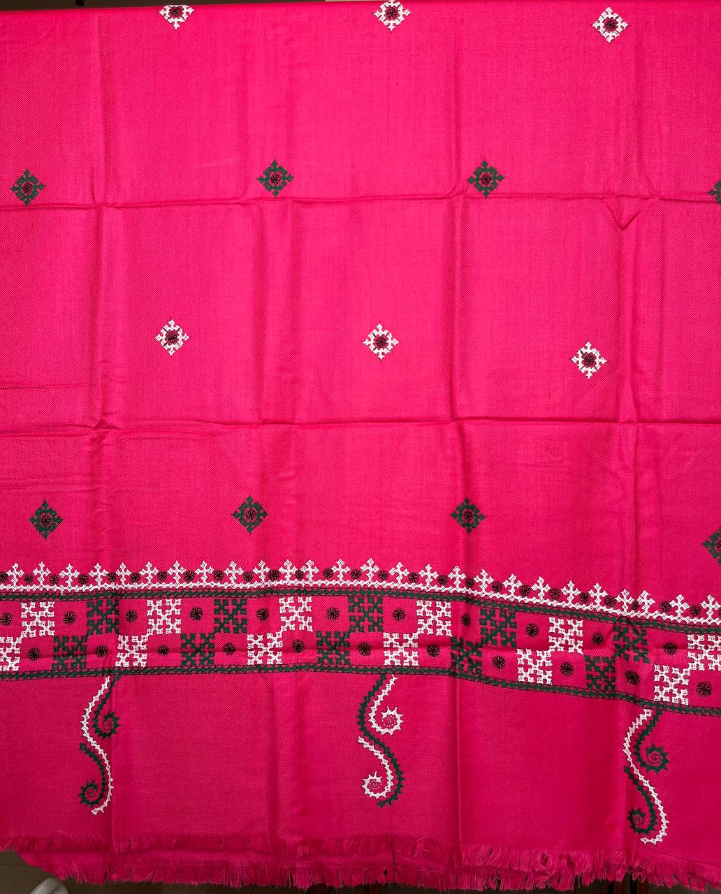 Gujrati Stitch Hand Embroidered Woollen Warm Shawl (Pink)