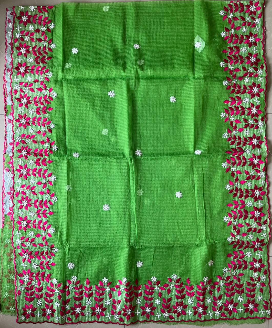 Green resham kota embroidery floral scallop Saree with blouse piece for Women | Bigsarees