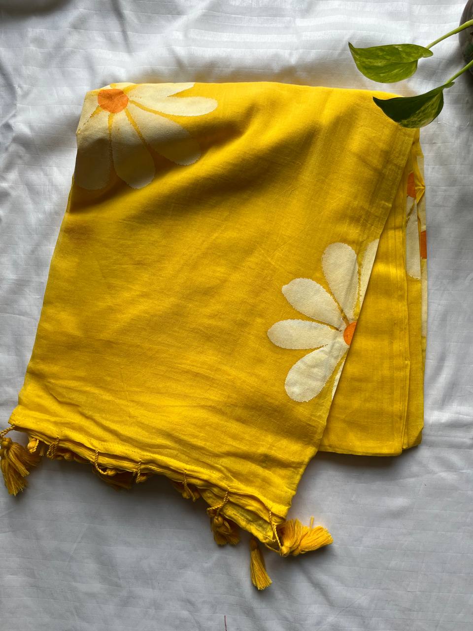 Yellow Hand Painted Mul Cotton Saree