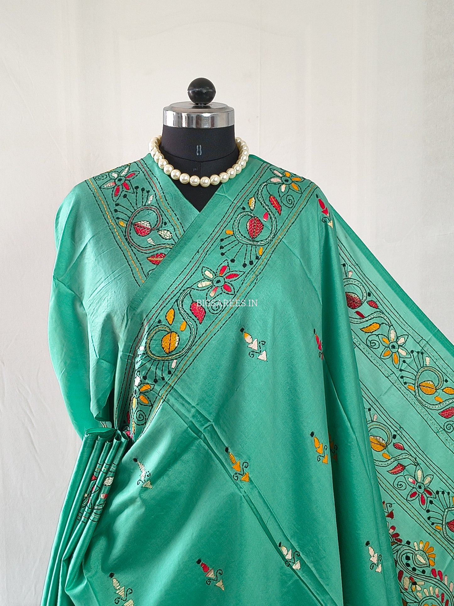 Kantha Stitch Hand Embroidered Saree | Blended Bangalore Silk / Art Silk | Teal