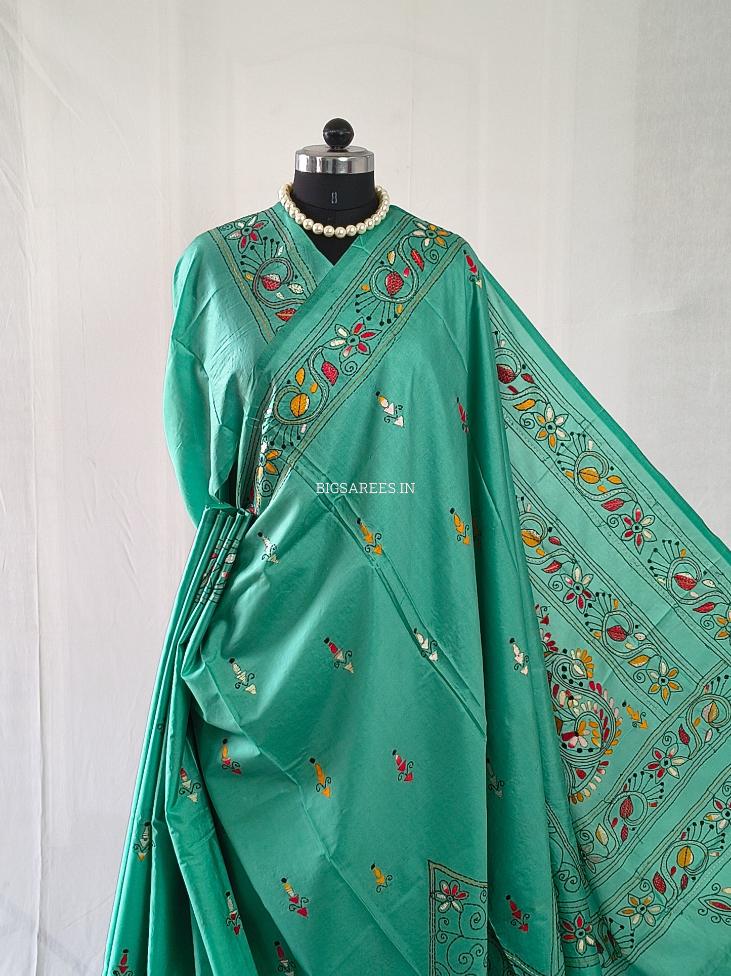 Kantha Stitch Hand Embroidered Saree | Blended Bangalore Silk / Art Silk | Teal