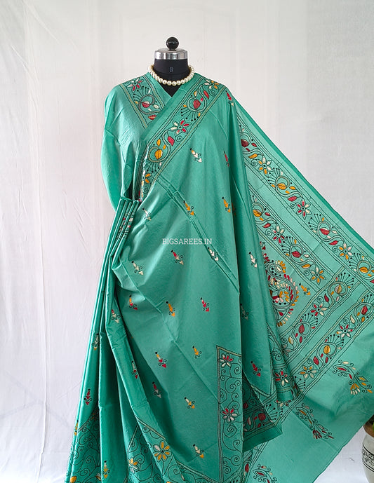 Kantha Stitch Hand Embroidered Saree | Blended Bangalore Silk / Art Silk | Teal