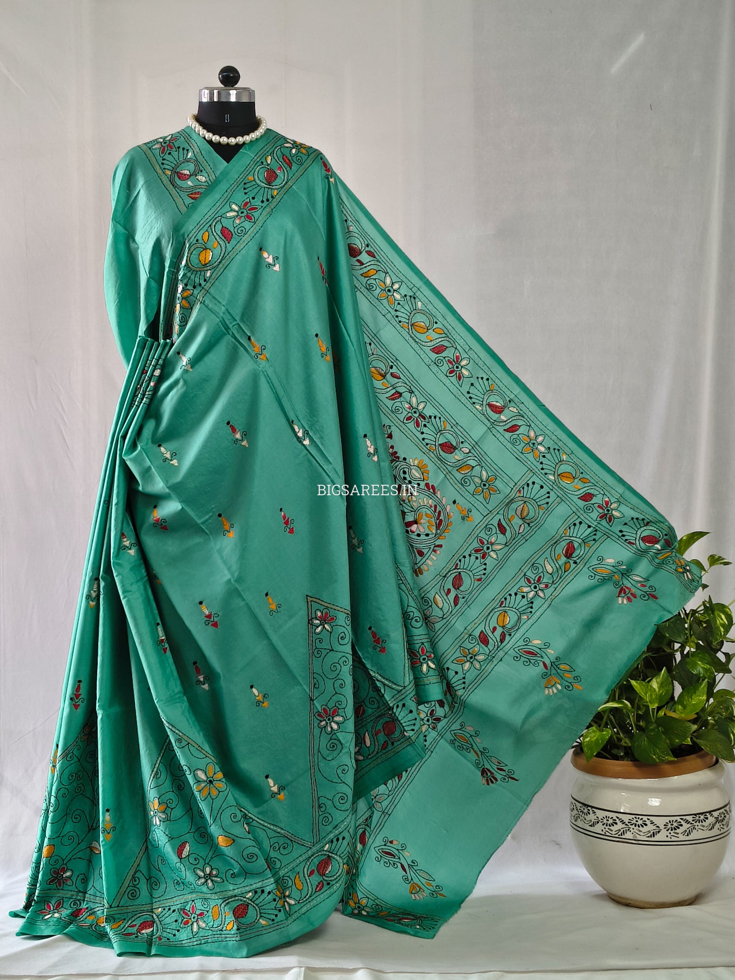 Kantha Stitch Hand Embroidered Saree | Blended Bangalore Silk / Art Silk | Teal