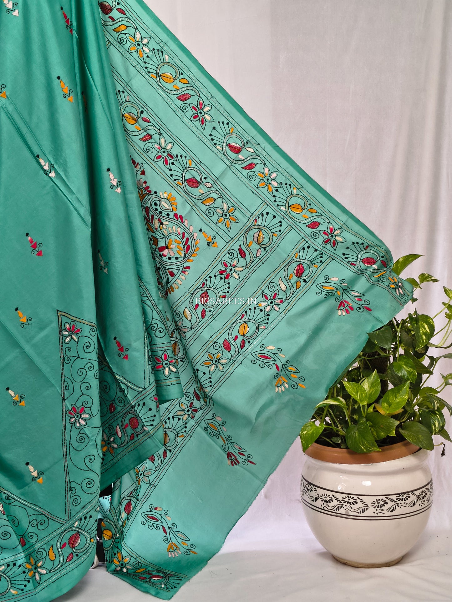 Kantha Stitch Hand Embroidered Saree | Blended Bangalore Silk / Art Silk | Teal
