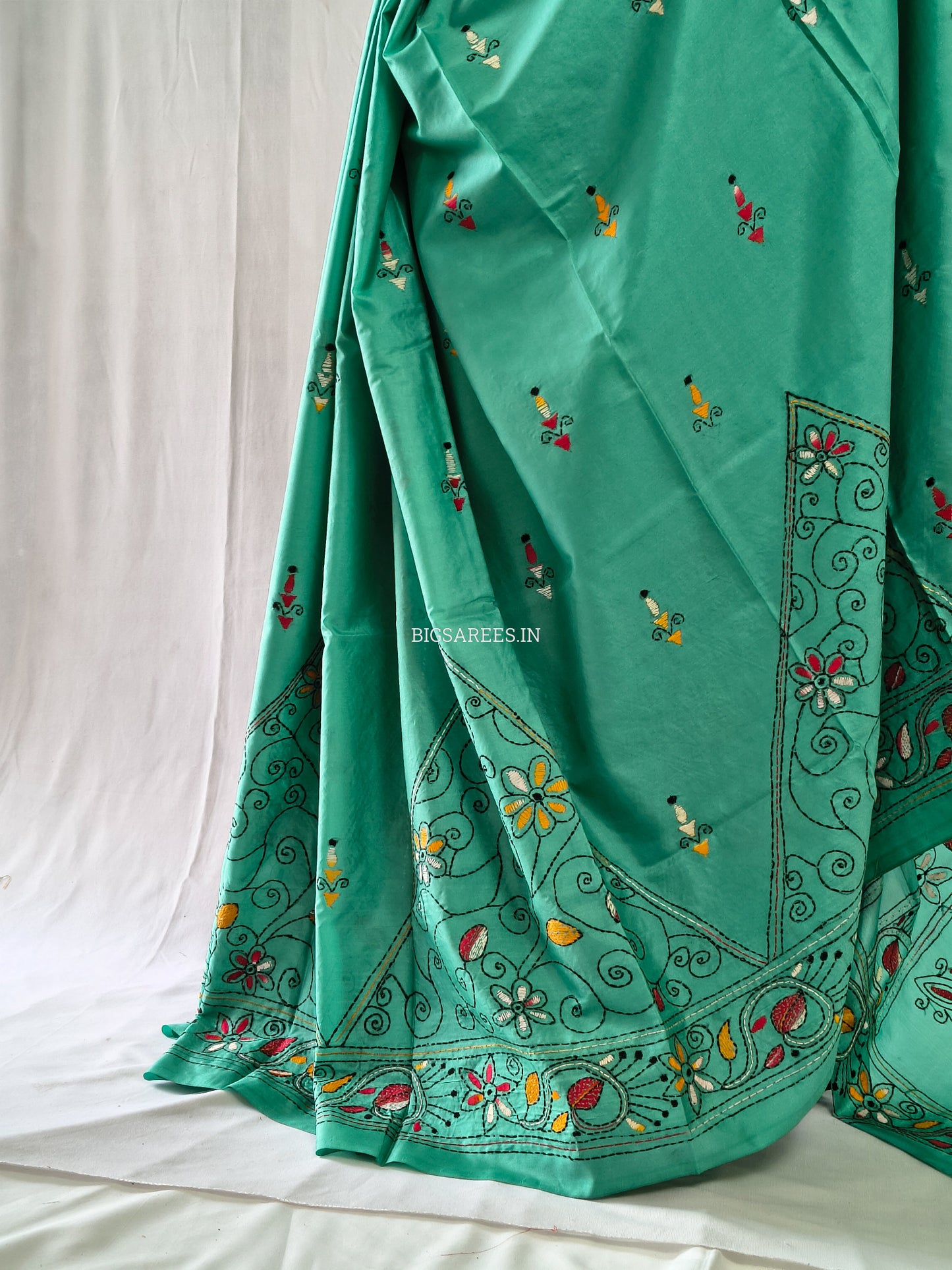 Kantha Stitch Hand Embroidered Saree | Blended Bangalore Silk / Art Silk | Teal