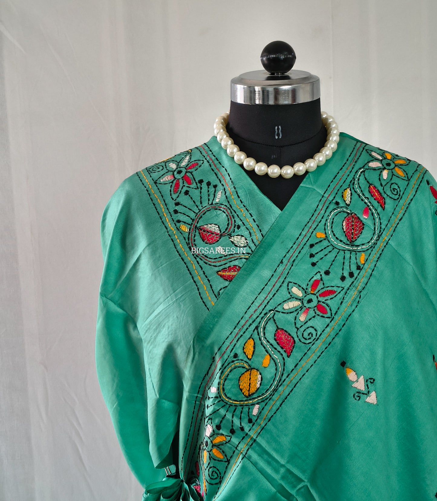 Kantha Stitch Hand Embroidered Saree | Blended Bangalore Silk / Art Silk | Teal