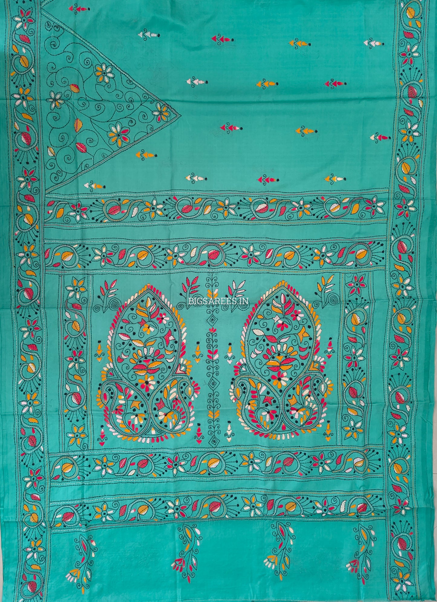Kantha Stitch Hand Embroidered Saree | Blended Bangalore Silk / Art Silk | Teal