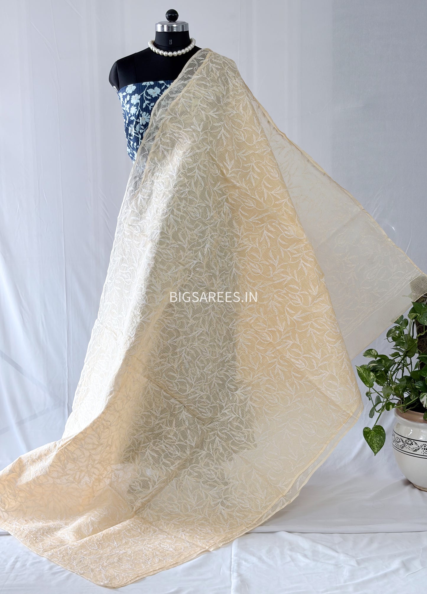 Chikankari Hand-Embroidered Saree | Kota Cotton | Light Orange