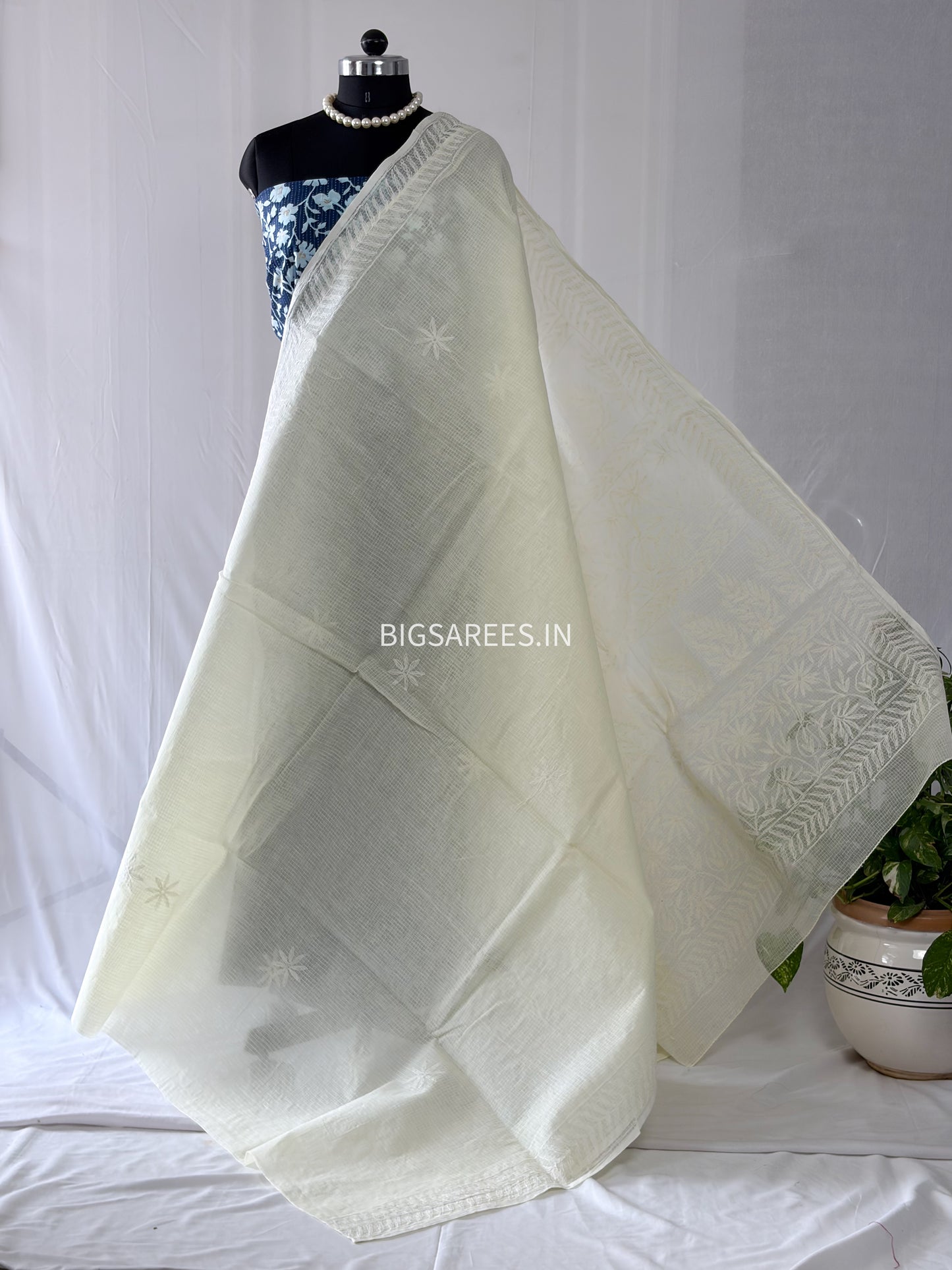 Chikankari Hand-Embroidered Saree | Kota Cotton | Cream