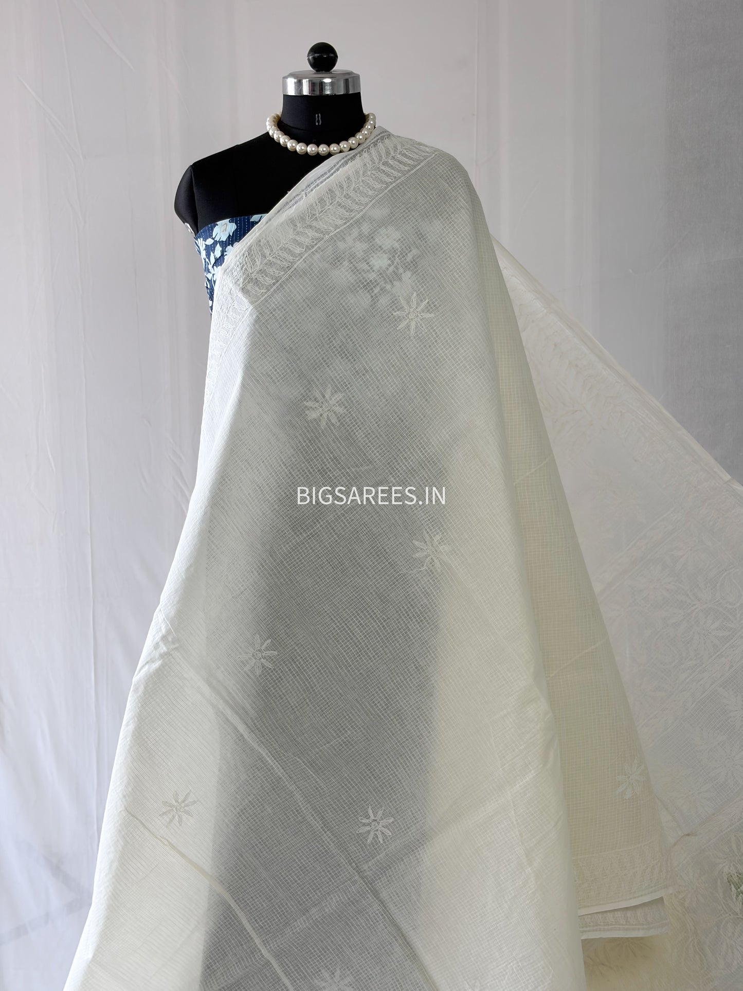 Chikankari Hand-Embroidered Saree | Kota Cotton | Light Cream