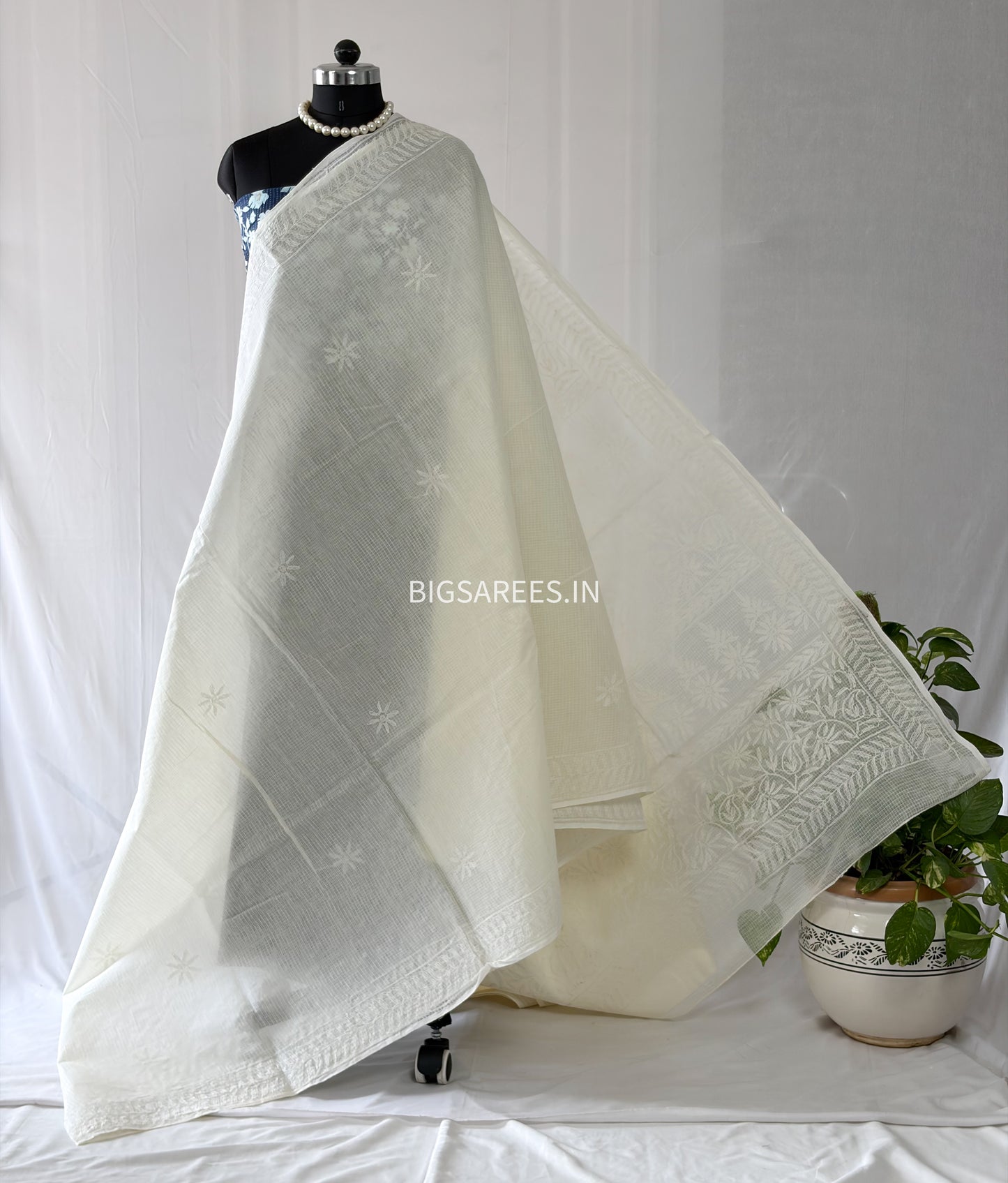 Chikankari Hand-Embroidered Saree | Kota Cotton | Light Cream