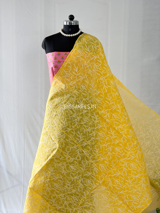Chikankari Hand-Embroidered Saree | Kota Cotton | Yellow