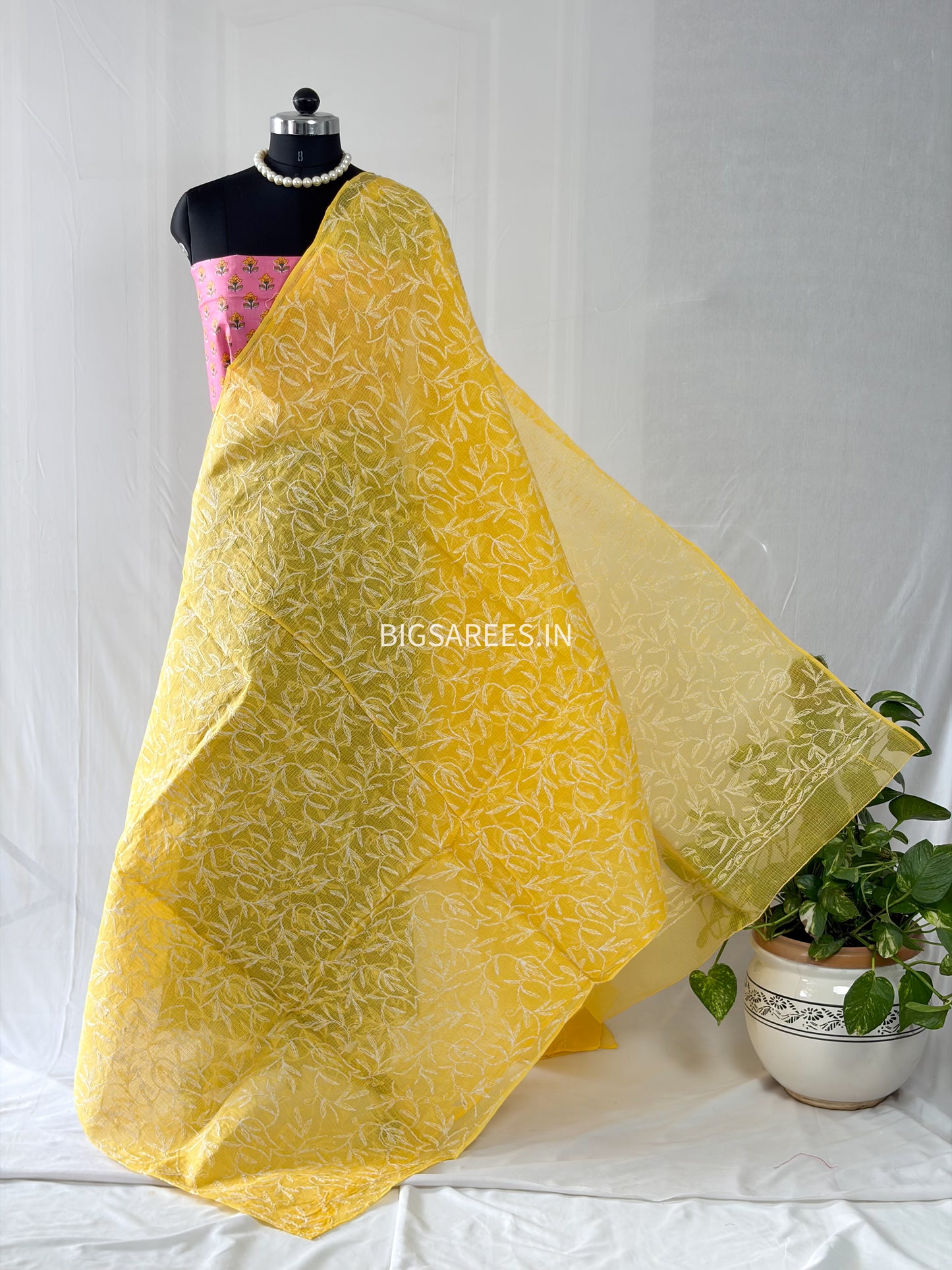 Chikankari Hand-Embroidered Saree | Kota Cotton | Yellow