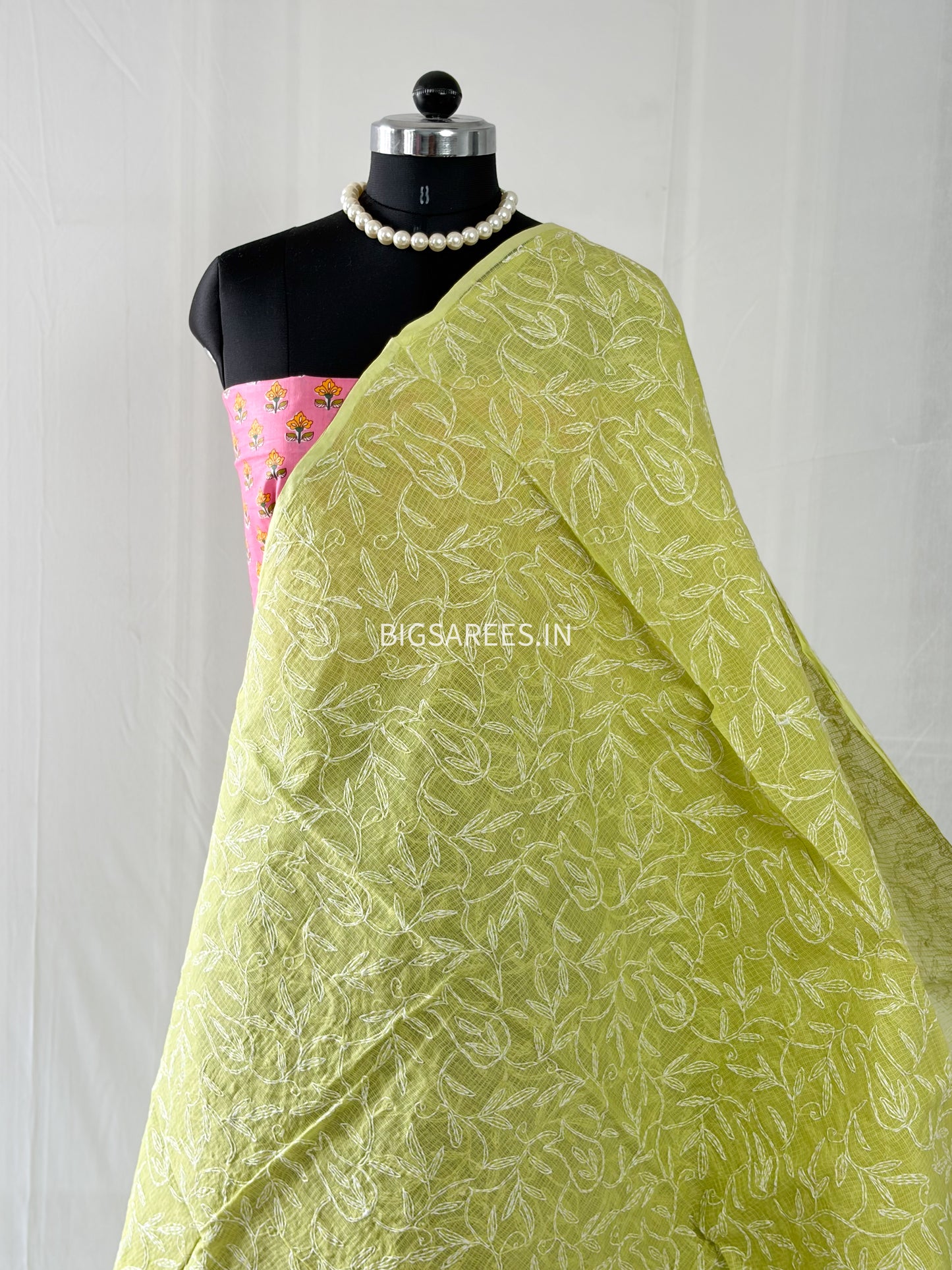 Chikankari Hand-Embroidered Saree | Kota Cotton | Lime Green