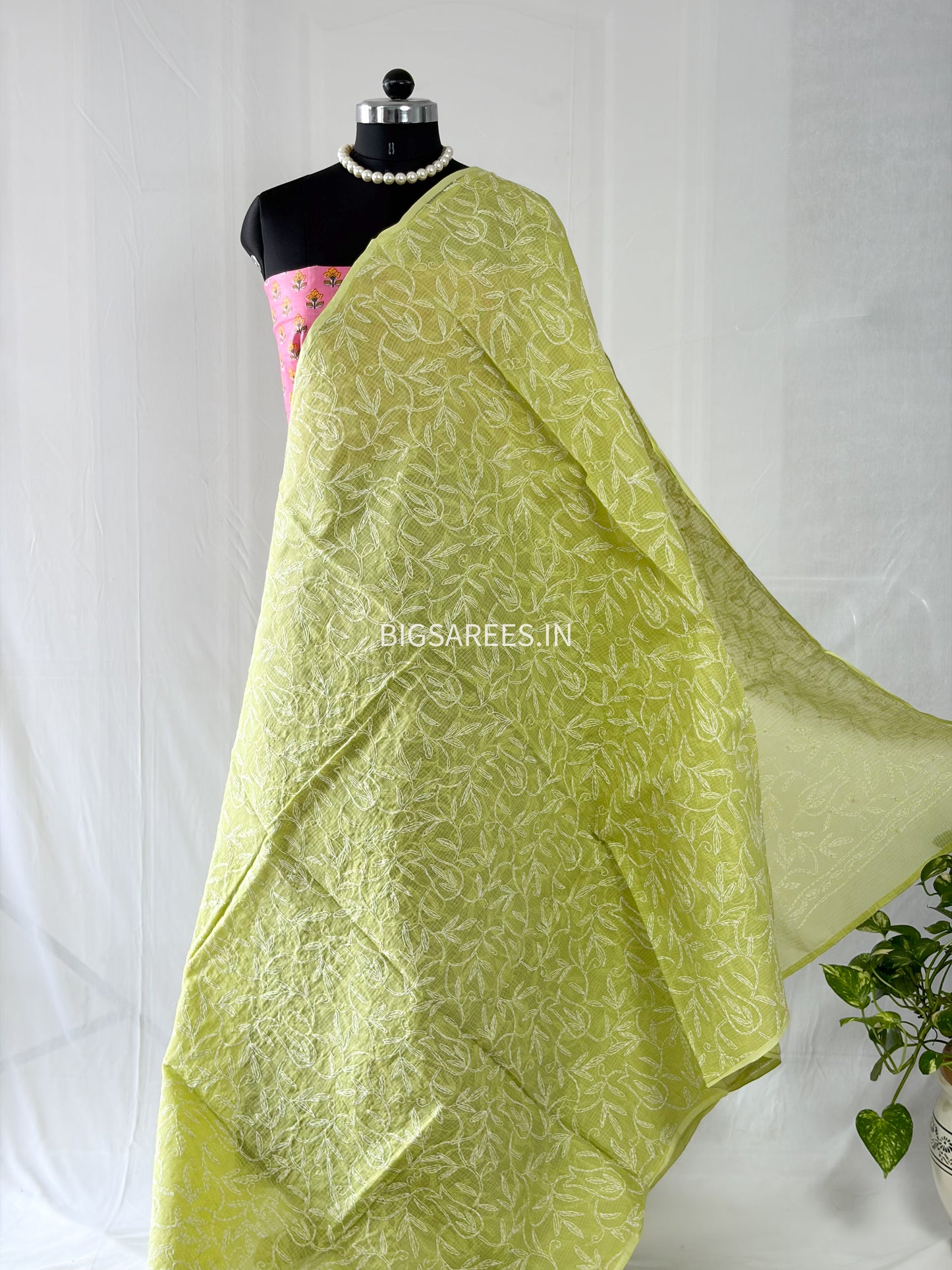 Chikankari Hand-Embroidered Saree | Kota Cotton | Lime Green