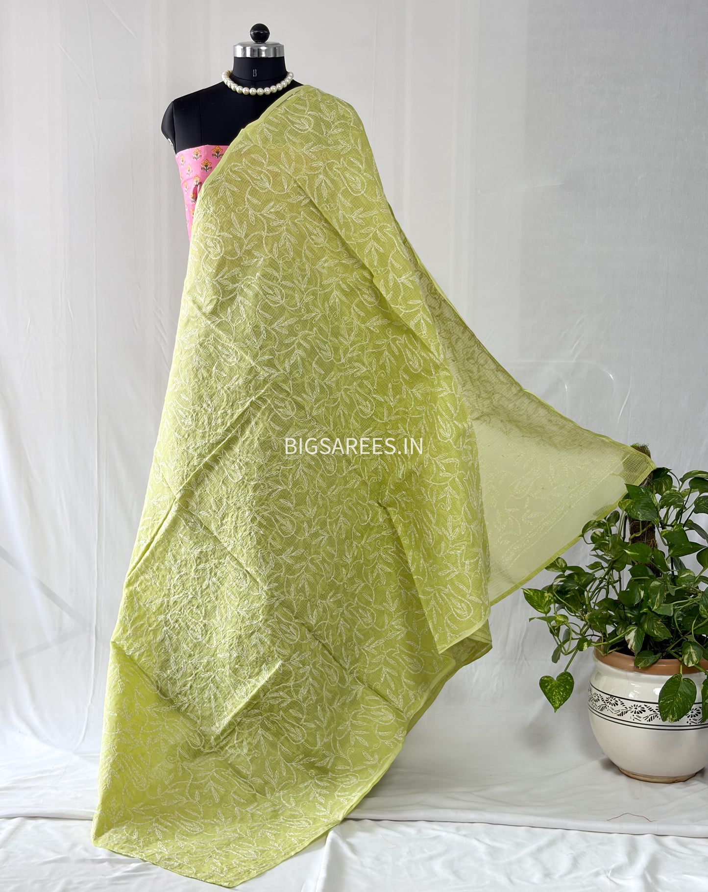 Chikankari Hand-Embroidered Saree | Kota Cotton | Lime Green