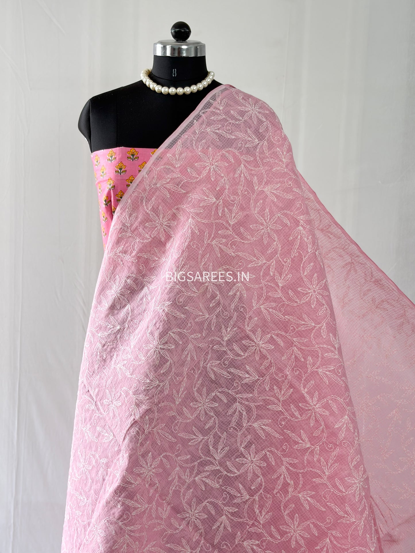 Chikankari Hand-Embroidered Saree | Kota Cotton | Pink